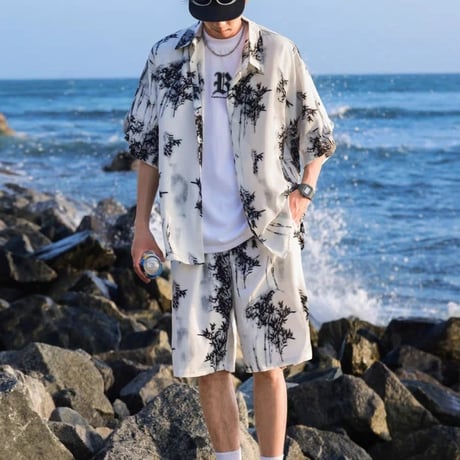メンズセットアップ半袖シャツショートパンツセット夏ゆったりカジュアル