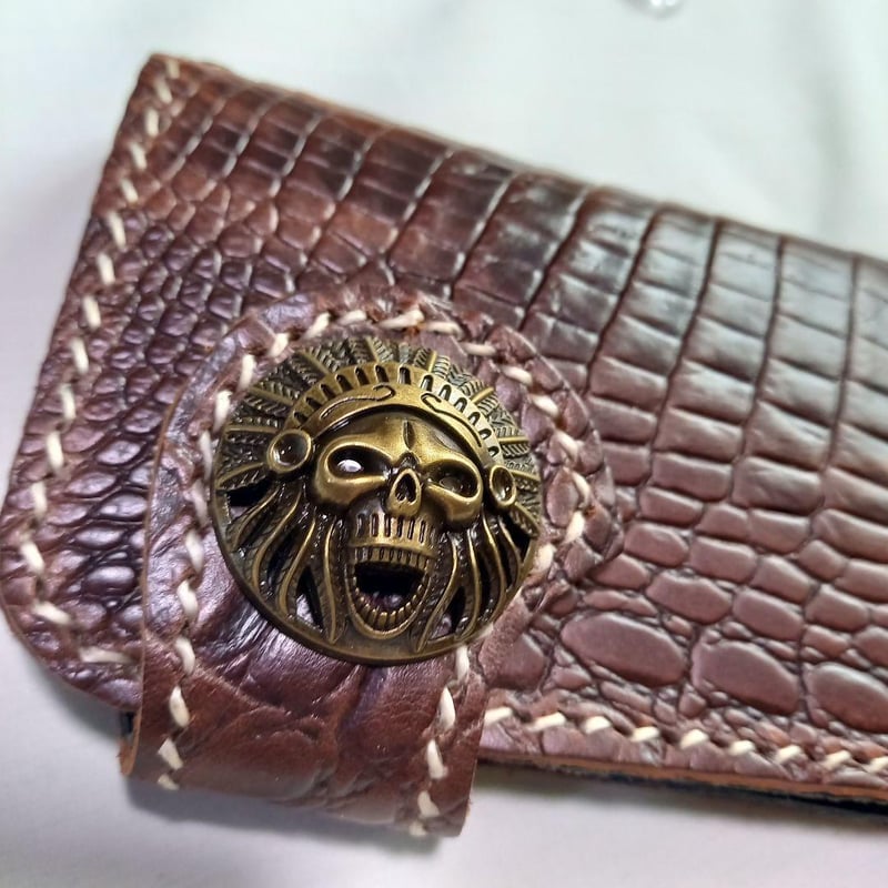 クラフトウォレット　クロコ型押し　バイカーズウォレット　スカル ☆本革 長財布 バイカーズ ウォレット キャメル クロコダイル型押し