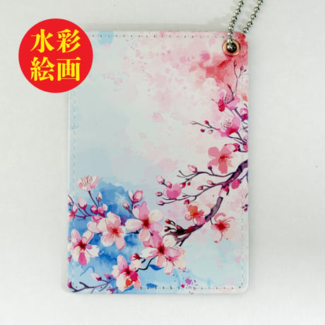 水彩画風　桜のプリント　パスケース