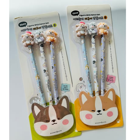 이리눕개 피규어3본연필세트　ワンちゃんフュギュア3本鉛筆セット