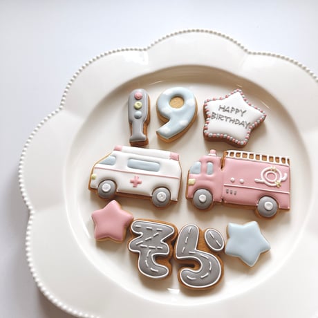 選べるバースデークッキー　　⭐︎くすみブルー×くすみレッド⭐︎消防車&救急車セット