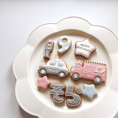 選べるバースデークッキー　　⭐︎くすみブルー&くすみレッド⭐︎パトカー&消防車セット