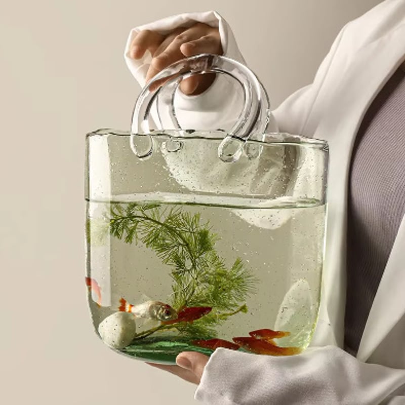 フラワーベース 花瓶 カバン 鞄 bag ガラス 硝子 ガラス フラワーベース バッグ型 花器 透明 気泡入り 手作り