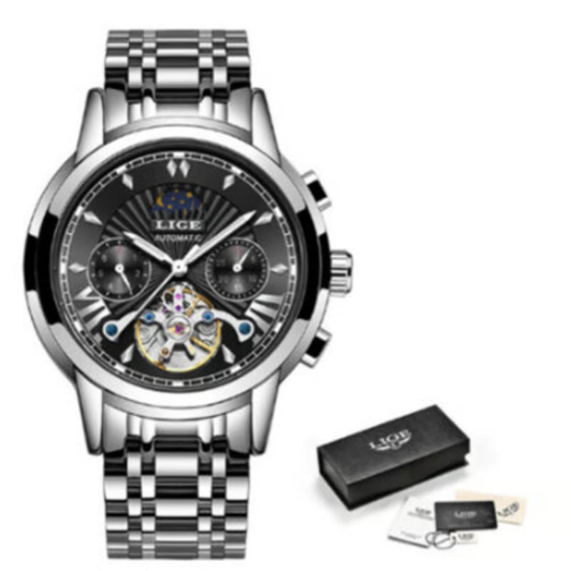 【新品未使用】DIDUN DESIGN ムーンフェイズ メンズ 腕時計 シルバー LIGE トゥールビヨン ムーンフェイズ メンズ腕時計 自動巻き 機械式