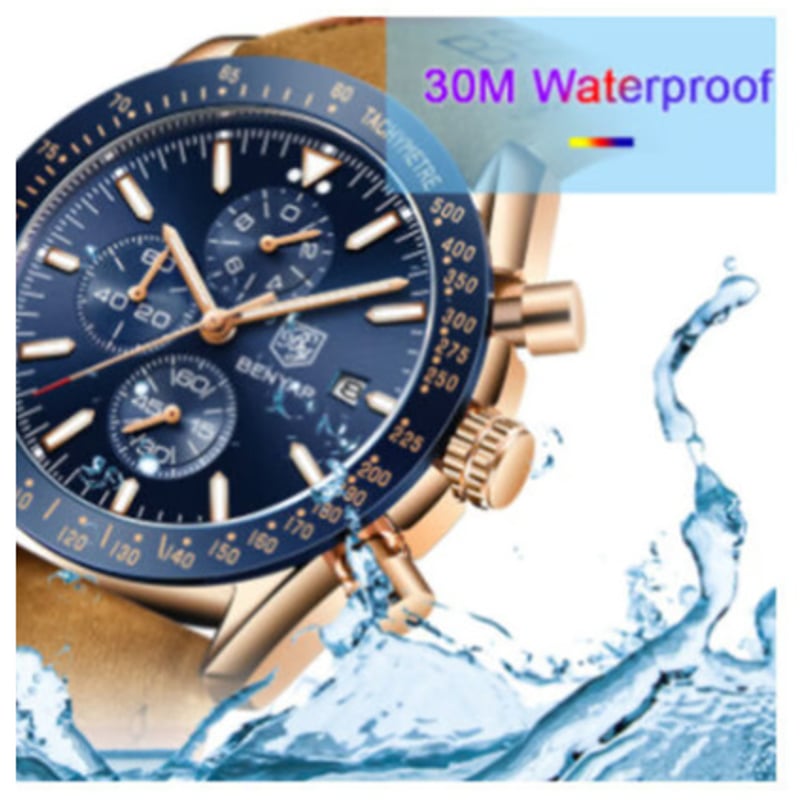 BENYAR メンズ腕時計 防水 本革ベルト センス抜群 人気モデル クロノ