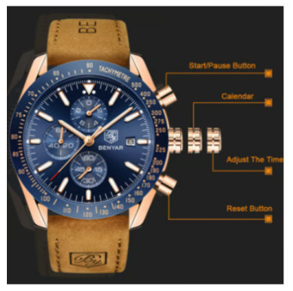 BENYAR メンズ腕時計 防水 本革ベルト センス抜群 人気モデル クロノ