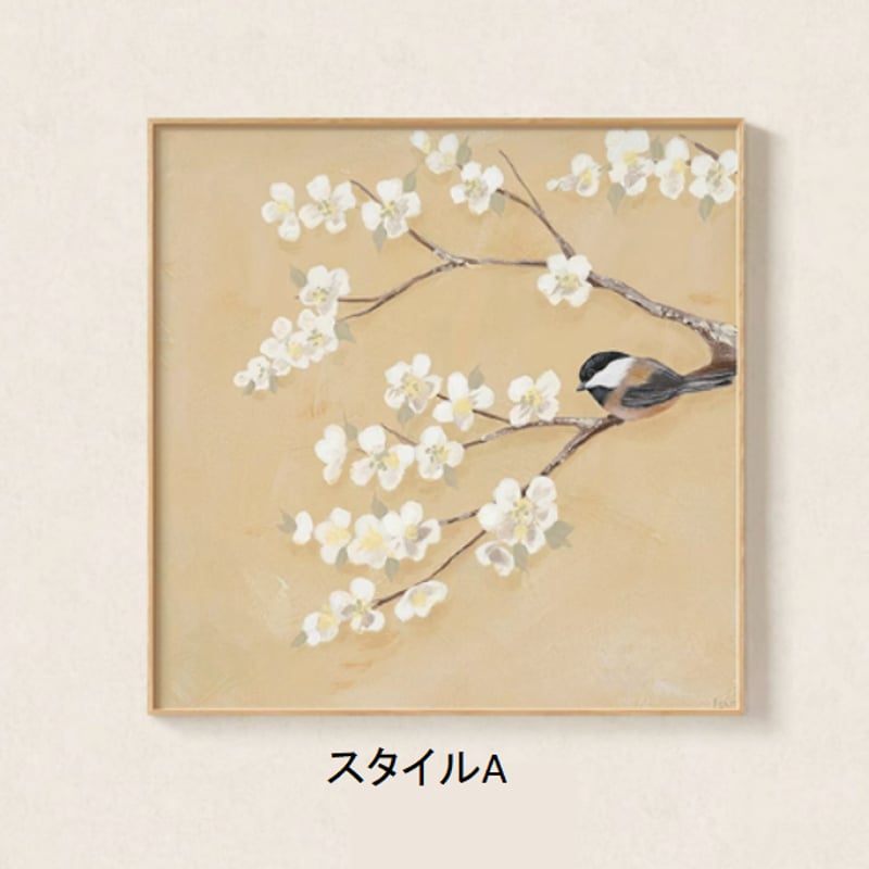 花の枝にとまったスズメ アートパネル | 新一室内装飾品専門店