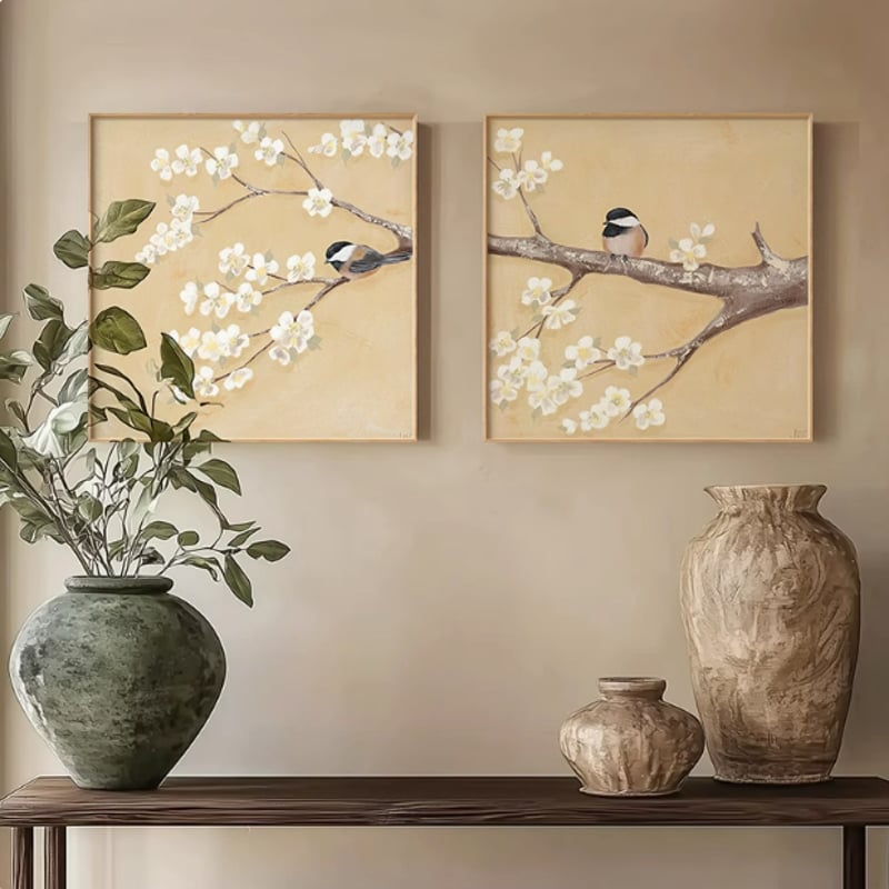 花の枝にとまったスズメ アートパネル | 新一室内装飾品専門店