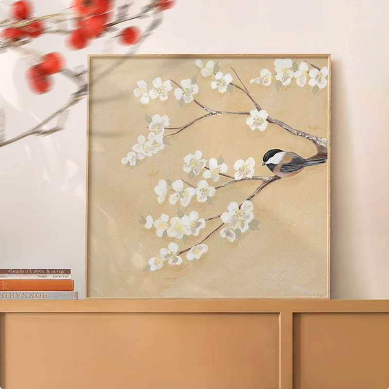 花の枝にとまったスズメ アートパネル | 新一室内装飾品専門店