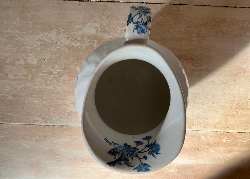 フランスアンティーク陶器レア！リュネビィルMesange 花と小鳥のピッチャー青 フランス直輸入】流行に左右されない美しさ リュネヴィル窯 オールド