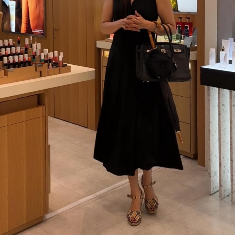 DAMA collection  シャツワンピース　黒　L キュプラ S-LL】お顔周りすっきり 麻調スキッパーシャツワンピース