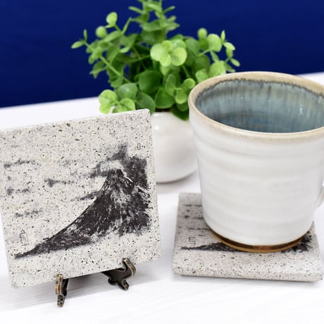 指墨画【富士山】荒川颼 オリジナル芦野石コースター【オンライン限定パッケージ2個セット（ペア）】ASHINO STONE