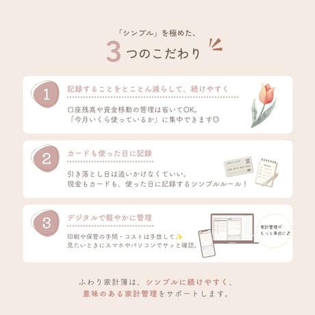 スプレッドシート家計簿テンプレート【ふわり家計簿】自動集計／かわいい／ノーマネーデー／買い切り／シンプル／繰り返し使える