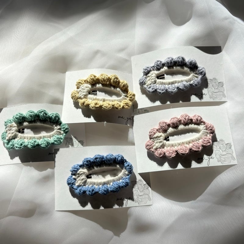 ヘアピンセット ぽむ れいんぱふ 2023バレンタイン かぎ編み ぽこぽこ ぱっちんぴん | ma_ya.mine