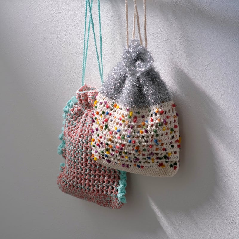 FREE ダウンロード編み図・PDF【かぎ針編み】しましま模様の巾着ポーチ