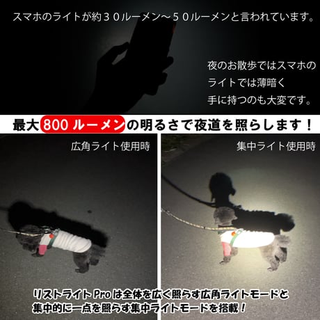【リストライトpro】犬用散歩LEDライト 夜散歩用 腕ライト 明るい軽量懐中電灯 お散歩グッズ リストライト USB充電式 800ルーメン 専用ケース付き 防災グッズ キャンプ用品