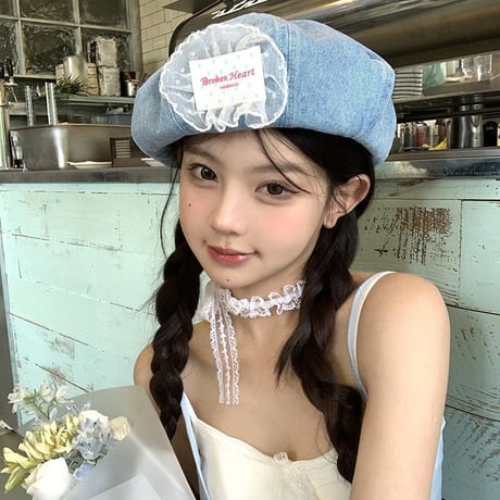 韓国風 甘美 デニム レースエッジ 八角形の帽子  デニム