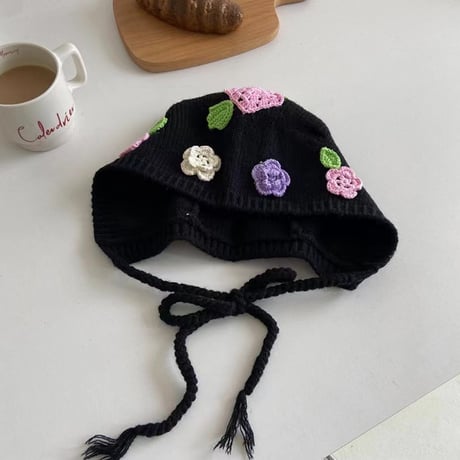 ジャパニーズ ドーパミン 立体 カラフル 花 若返り 甘美 プルオーバーハット  ニット