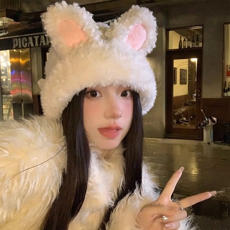 韓国 かわいい ファー うさぎの耳 耳を保護 顔が小さく見える 頭を包む帽子