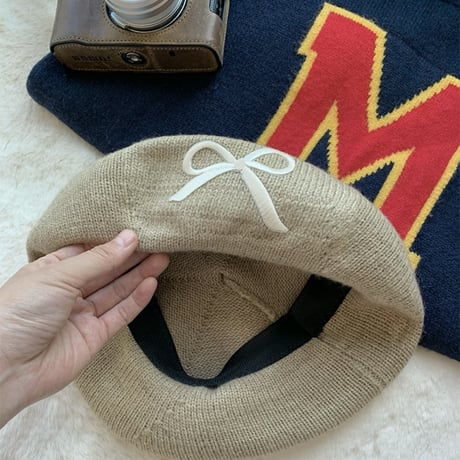 甘美 メリノウール 刺繍 顔を小さく見せる リボン オクタゴンハット  ニット