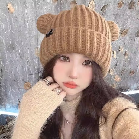 日本風 かわいい クマ 耳 ゆったり 顔が小さく見える 編み物帽  ニット