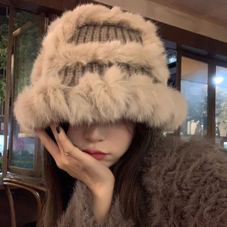 秋冬 厚手 かわいい ウサギの毛 顔を小さく見せる フィッシャーマンハット  ウサギの毛