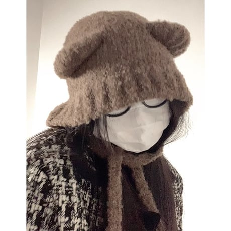 冬 かわいい クマ 大きな頭 耳あて ファー 帽子  ニット