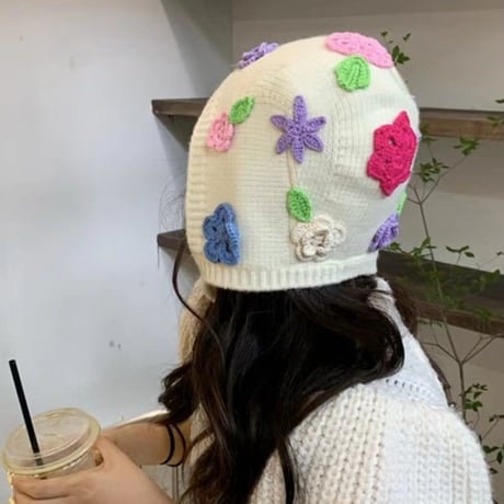 ジャパニーズ ドーパミン 立体 カラフル 花 若返り 甘美 プルオーバーハット  ニット