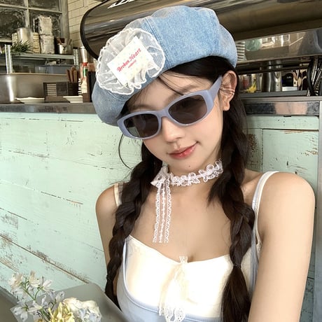 韓国風 甘美 デニム レースエッジ 八角形の帽子  デニム