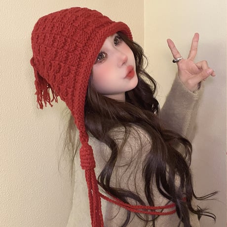 単色 フリンジ 甘美 かわいい 耳を保護する ニット帽