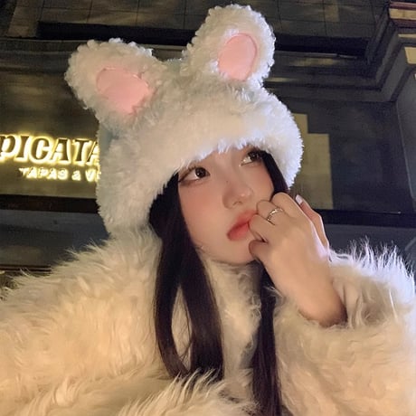 韓国 かわいい ファー うさぎの耳 耳を保護 顔が小さく見える 頭を包む帽子
