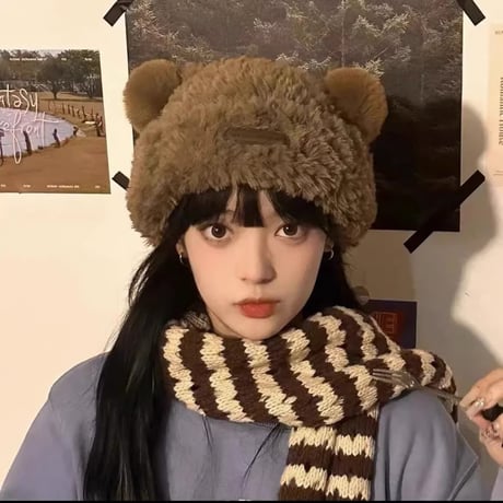 冬 フリース 保温 大きな頭の周り かわいい クマ 毛糸の帽子