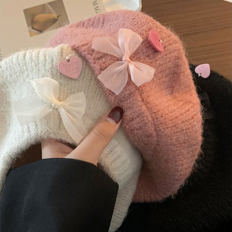 秋冬 韓国風 バイダ リボン ベレー帽  カシミヤ