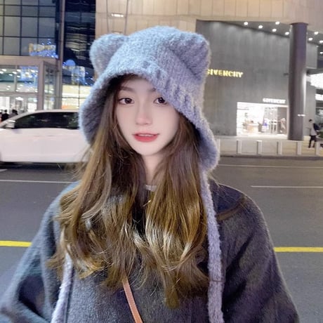 冬 かわいい クマ 大きな頭 耳あて ファー 帽子  ニット