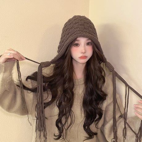 単色 フリンジ 甘美 かわいい 耳を保護する ニット帽