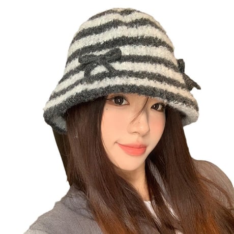 高級感 白黒ストライプ リボン フィッシャーマンハット
