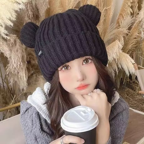 日本風 かわいい クマ 耳 ゆったり 顔が小さく見える 編み物帽  ニット
