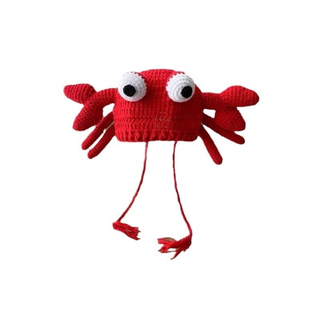 カニ 赤 かわいい おかしい フード付き帽子  ニット