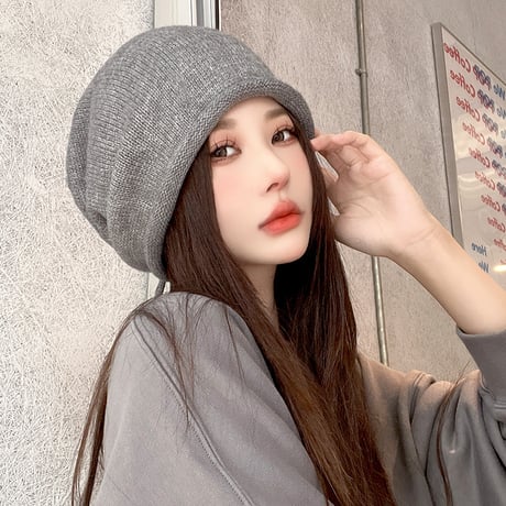 ルーズスタイル ダウン帽子 かぶり 折り返し  ニット