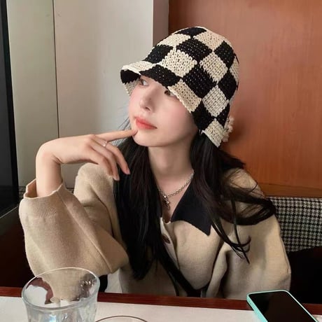 日本風 マイナー チェック レトロ アート カップル帽子 フィッシャーマンハット  ニット