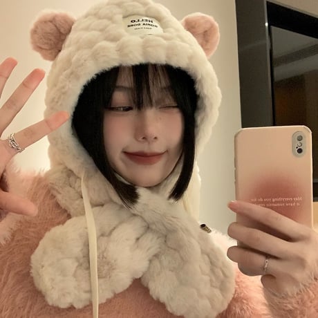 冬 韓国版 帽子 スカーフ 一体 かわいい クマ 耳 厚手 保温