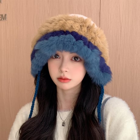 ウサギの毛 秋冬 パッチワーク 韓国風 かわいい 甘美 ニット帽  ウサギの毛