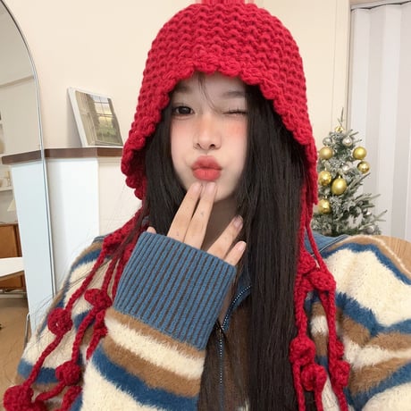 手作 ファッション フリンジ 厚手 耳あて帽子  ニット
