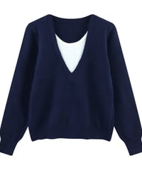 ダークブルー 重ね着風 韓国風 ルーズ ニット