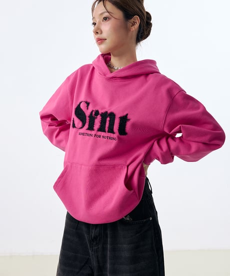 マゼンタ色 カップルフーディ 文字刺繍 ジャカード フード付きスウェット
