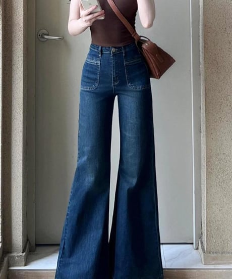 ハイウエスト スリム効果 フレア デニムパンツ  ジーンズ デニム レディース