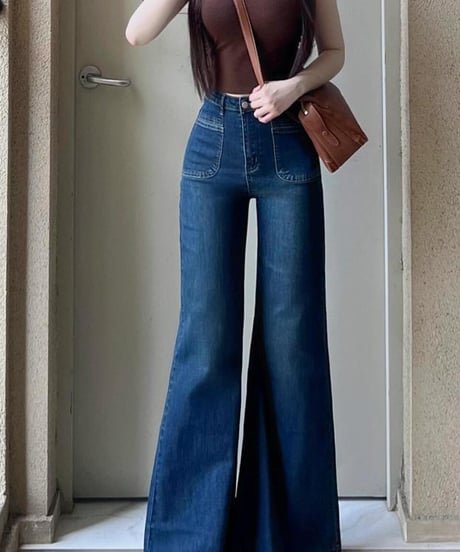 ハイウエスト スリム効果 フレア デニムパンツ  ジーンズ デニム レディース