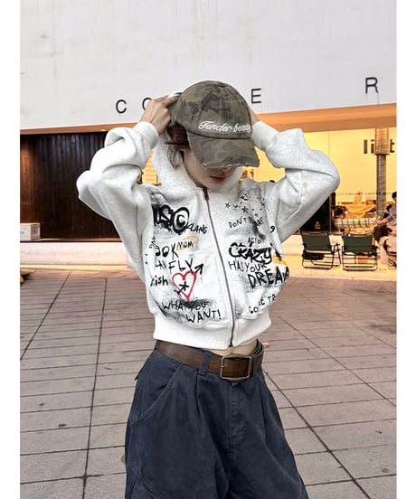 韓国風 落書き ジッパー フード付き プリント スウェットシャツ