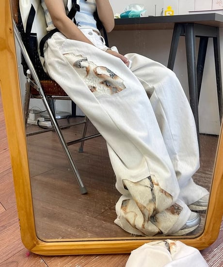 レトロ レース パッチワーク ホワイト ルーズ スリム効果 ワイドパンツ  ジーンズ デニム レディース