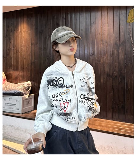韓国風 落書き ジッパー フード付き プリント スウェットシャツ